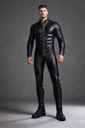 Men's Black Leather Jumpsuit Slim Fit High Neck - Front