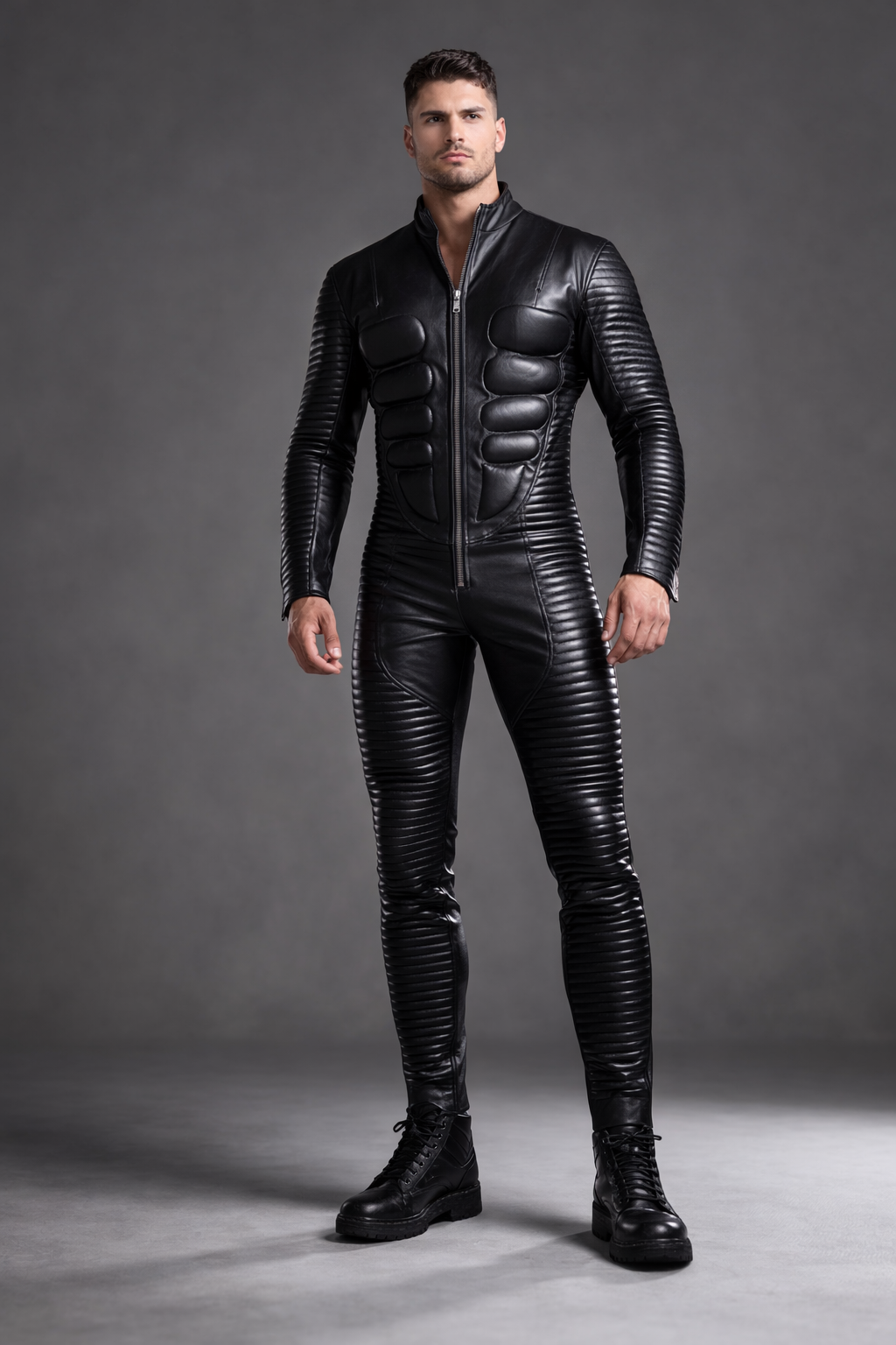 Men's Black Leather Jumpsuit Slim Fit High Neck - Front