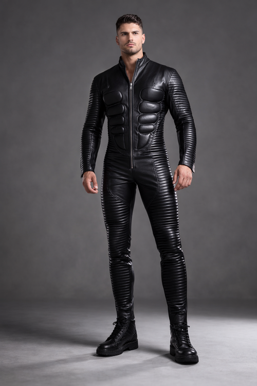 Men's Black Leather Jumpsuit Slim Fit High Neck - Front