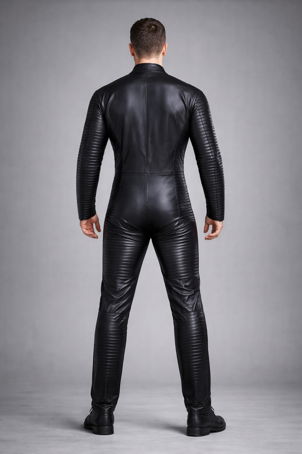 Men's Black Leather Jumpsuit Slim Fit High Neck - Back