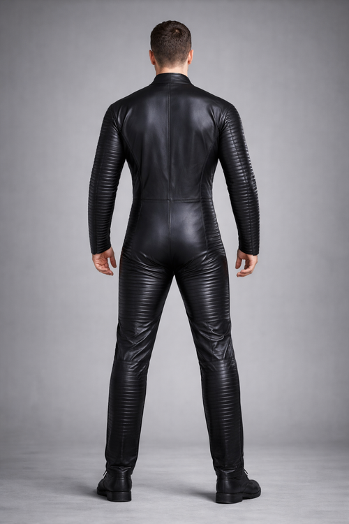 Men's Black Leather Jumpsuit Slim Fit High Neck - Back