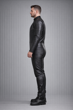 Men's Black Leather Jumpsuit Slim Fit High Neck - Left