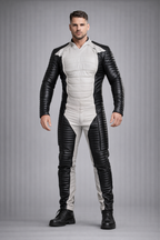 Men's Black Leather Quilted Jumpsuit Handmade - Front