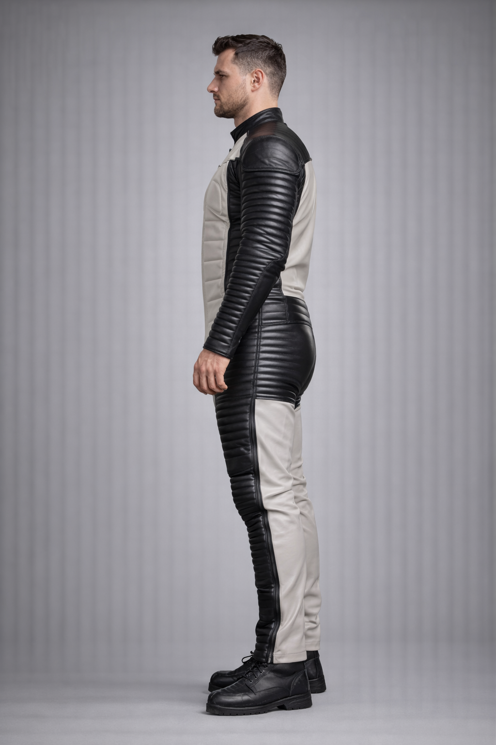Men's Black Leather Quilted Jumpsuit Handmade - Back