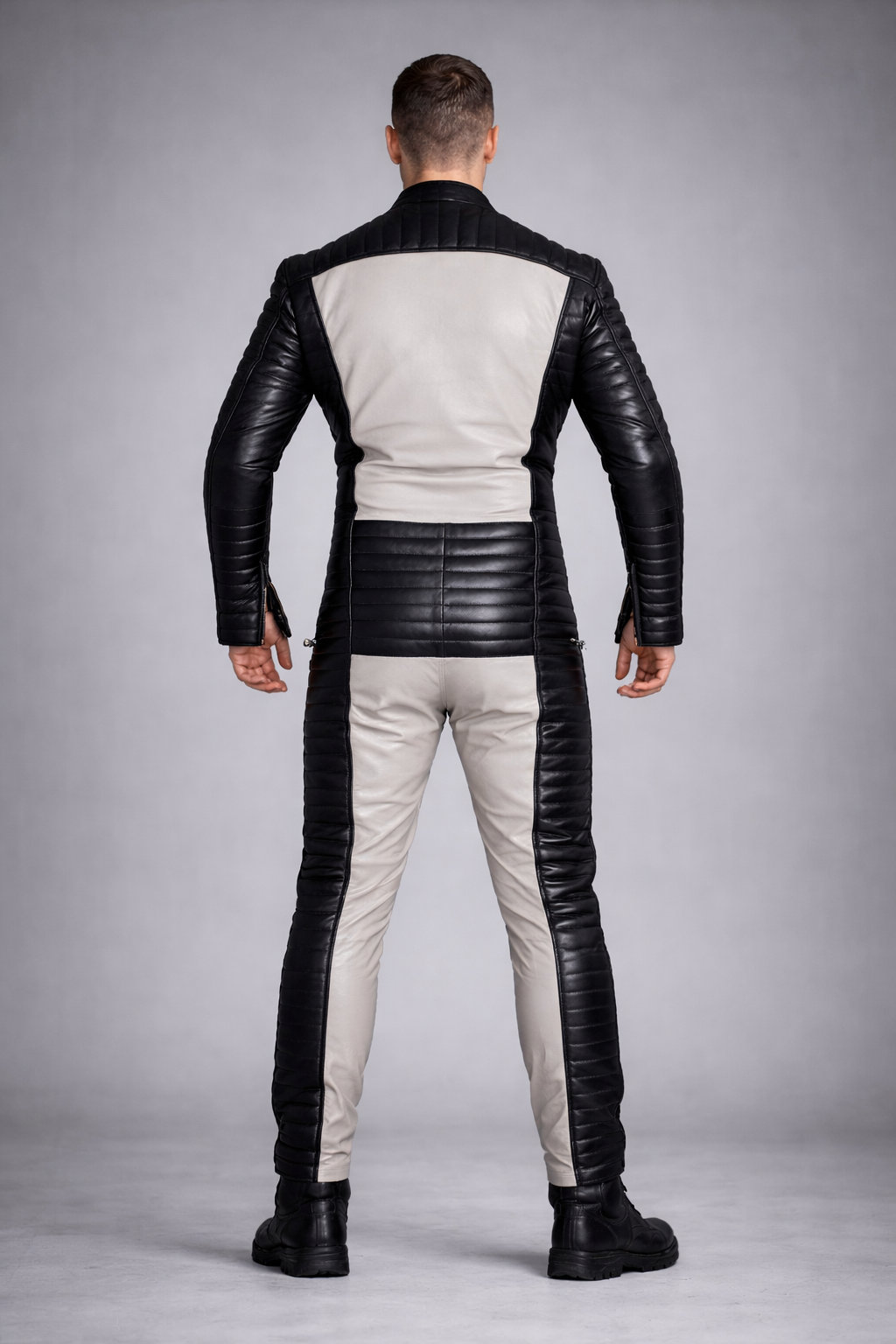 Men's Black Leather Quilted Jumpsuit Handmade - Left
