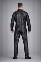 Men's Black Genuine Leather Jumpsuit - Back