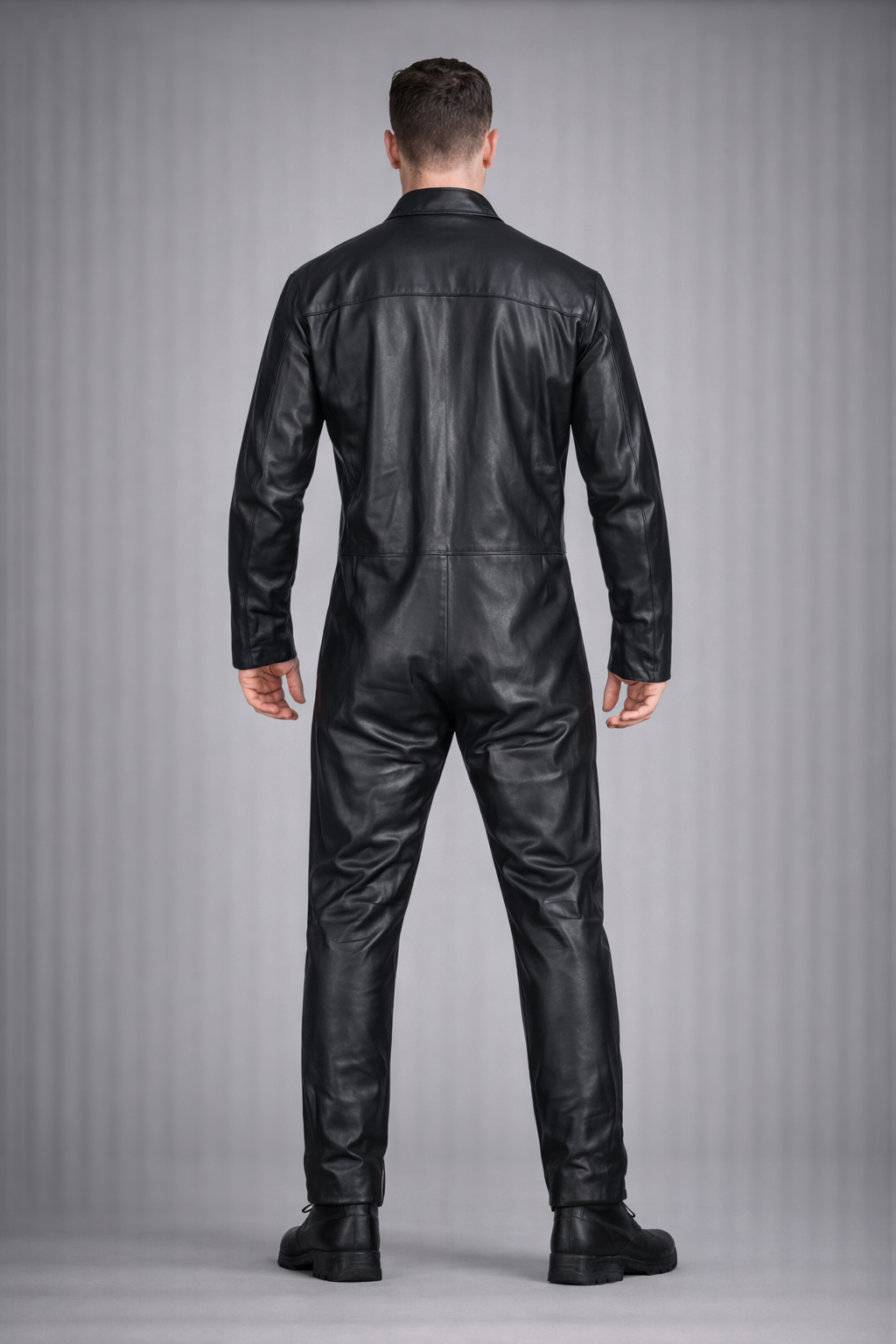 Men's Black Genuine Leather Jumpsuit - Back