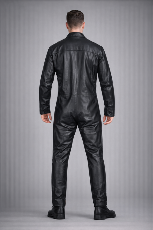 Men's Black Genuine Leather Jumpsuit - Back
