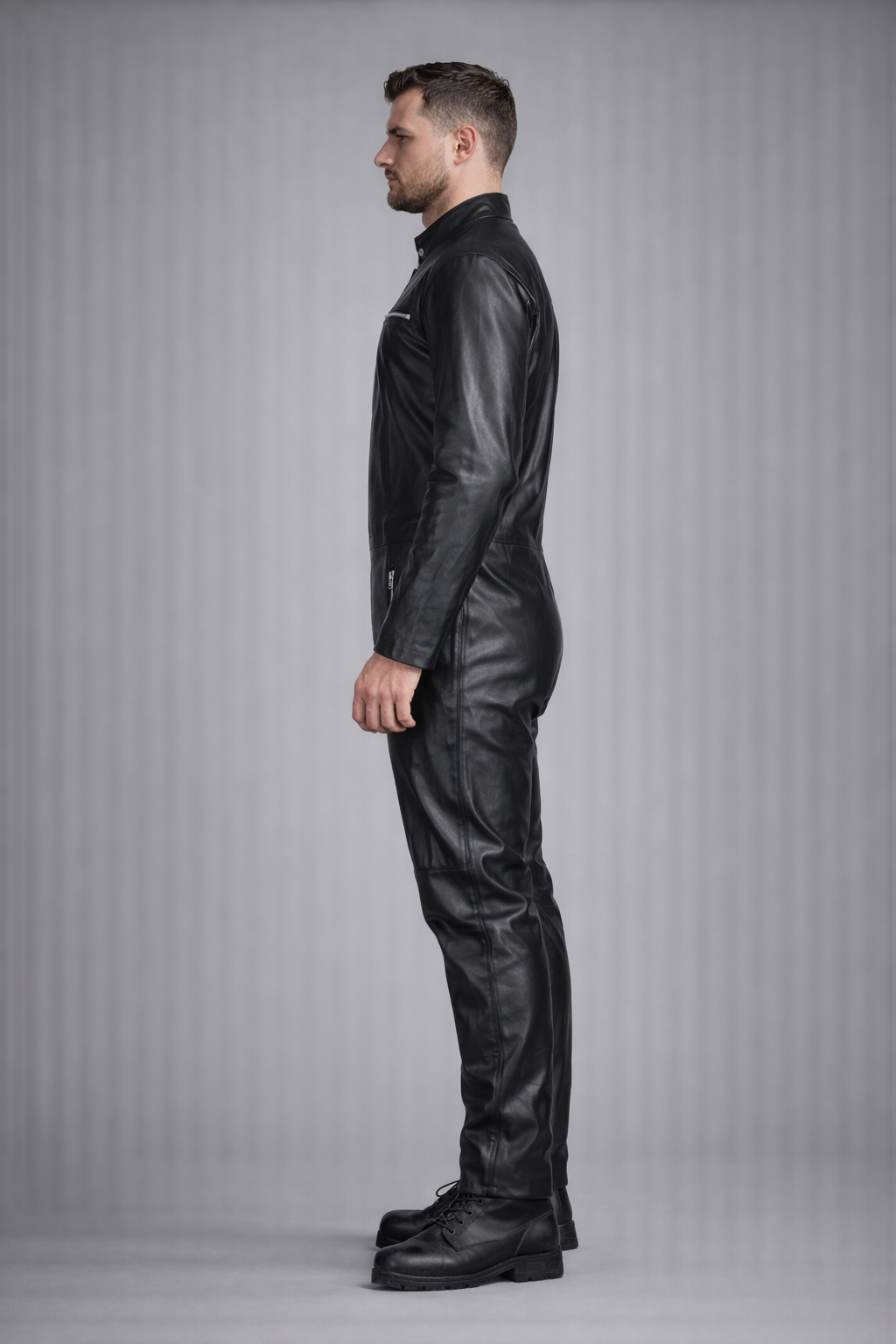 Men's Black Genuine Leather Jumpsuit - Left