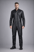 Men's Black Genuine Leather Jumpsuit - Front