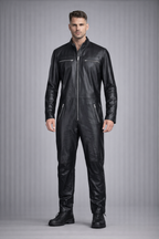Men's Black Genuine Leather Jumpsuit - Front