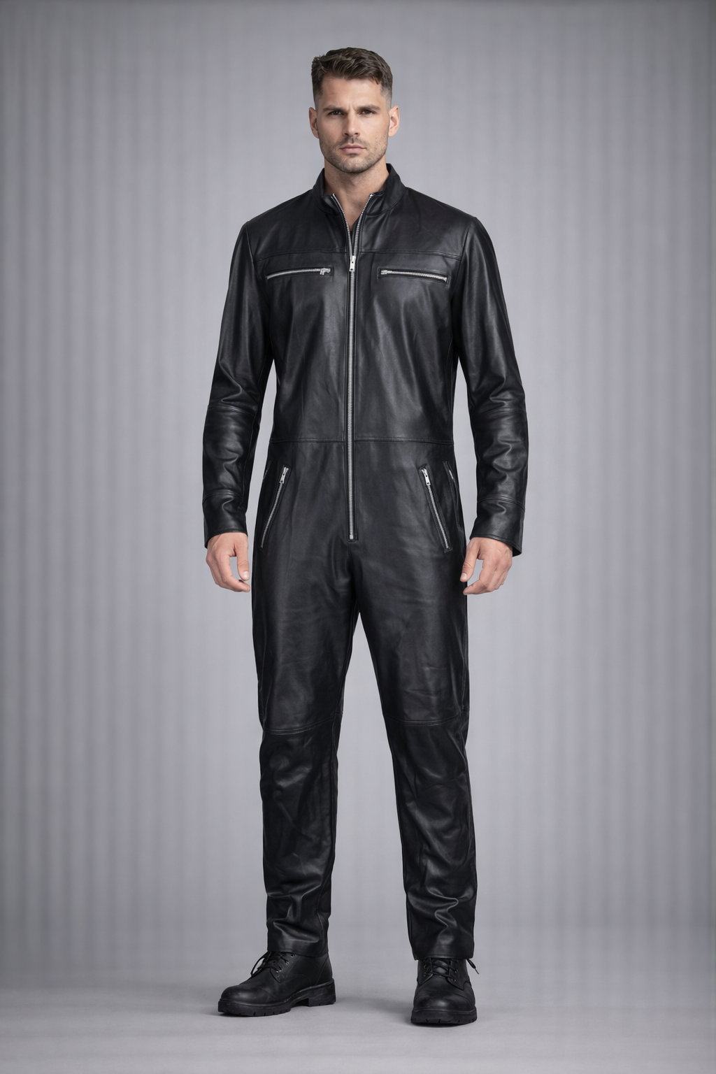 Men's Black Genuine Leather Jumpsuit - Front