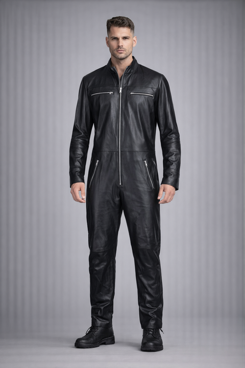 Men's Black Genuine Leather Jumpsuit - Front