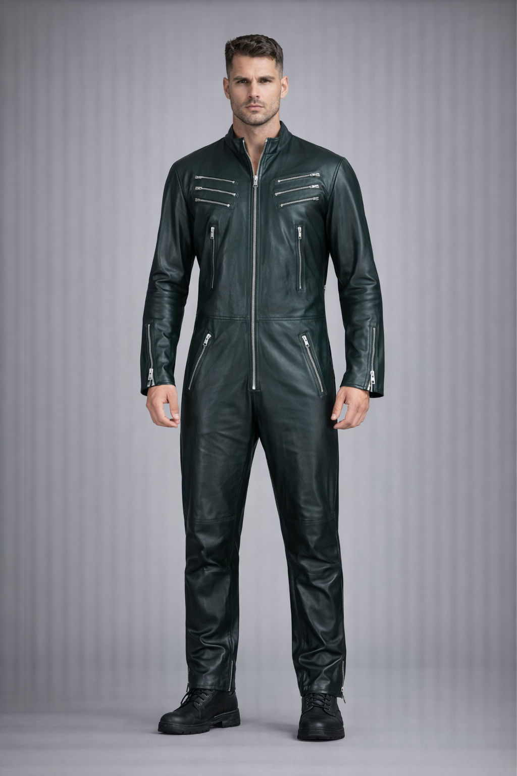 Men's Biker Genuine Leather Jumpsuit - Front