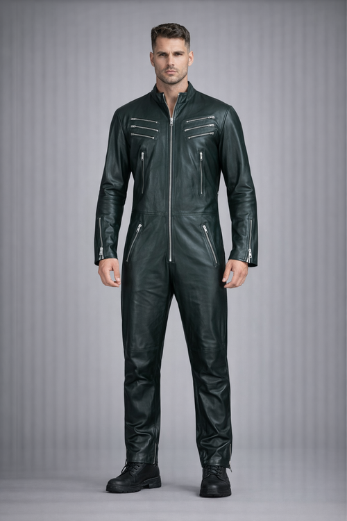 Men's Biker Genuine Leather Jumpsuit - Front