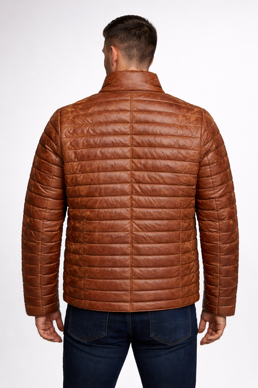 Men's Premium Quilted Leather Puffer Jacket Black - Back