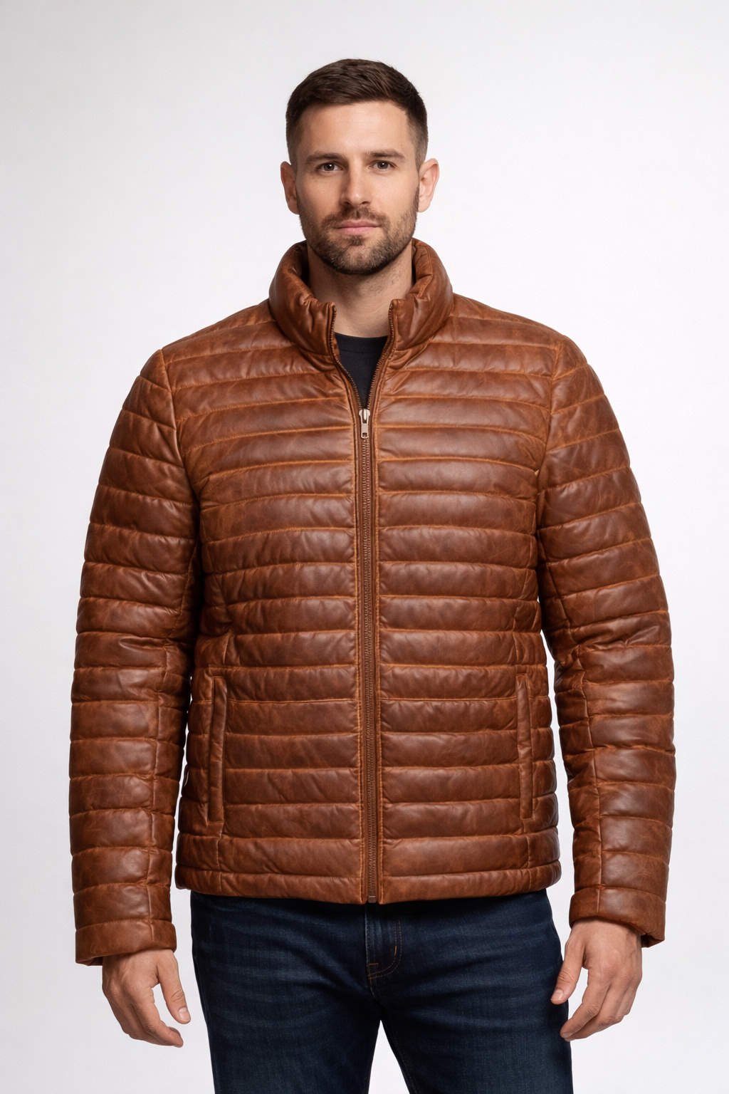 Men's Premium Quilted Leather Puffer Jacket Black - Front