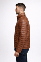 Men's Premium Quilted Leather Puffer Jacket Black - Left