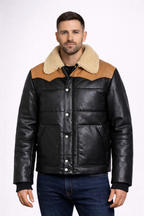 Men's Black Bomber Shearling Leather Jacket - Front