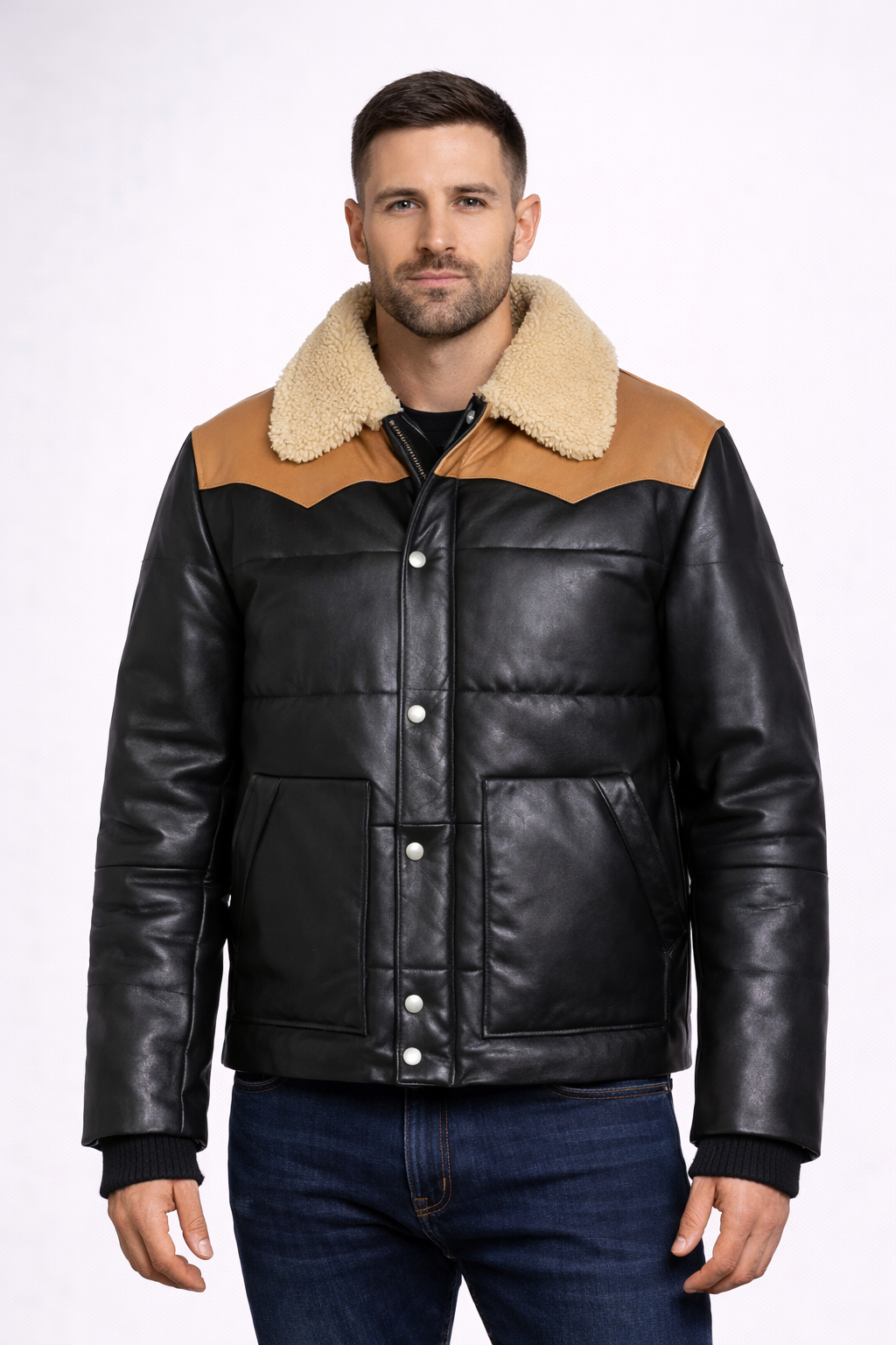 Men's Black Bomber Shearling Leather Jacket - Front