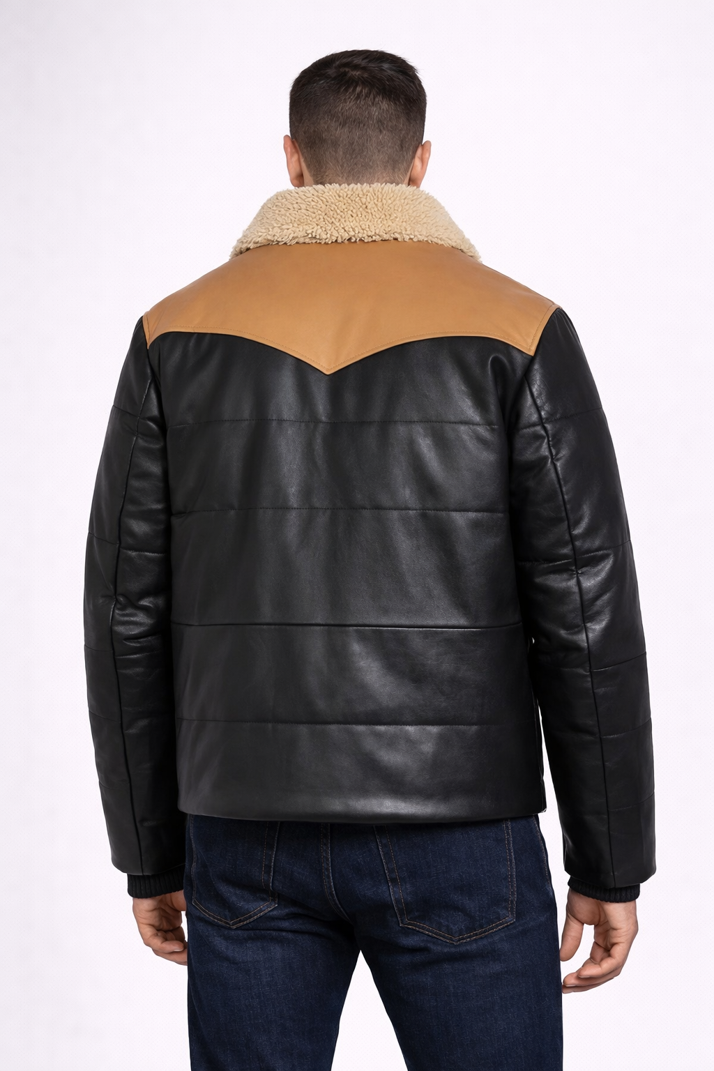 Men's Black Bomber Shearling Leather Jacket - Left