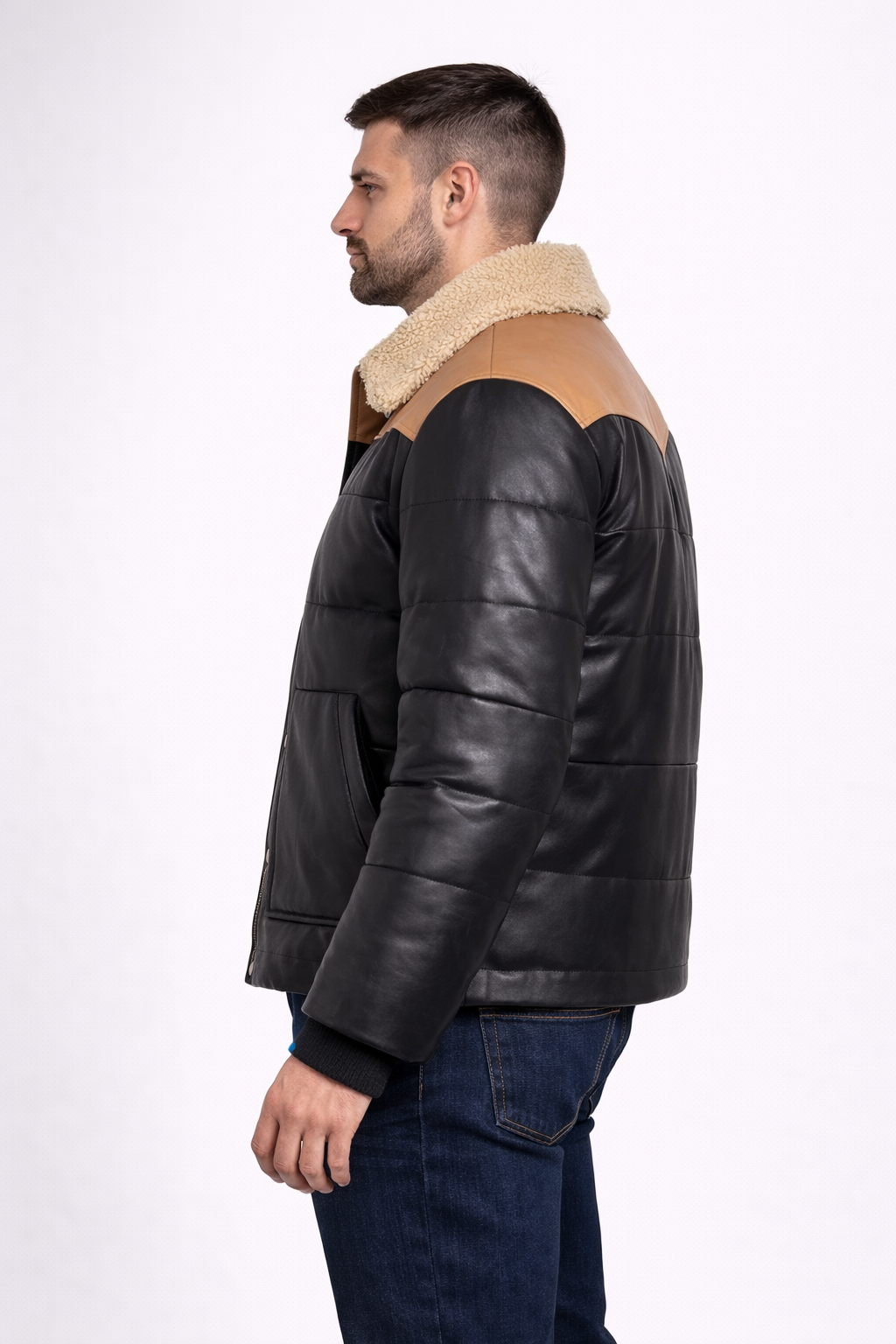 Men's Black Bomber Shearling Leather Jacket - Back