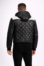 Men's Hooded Black White Leather Puffer Jacket - Left