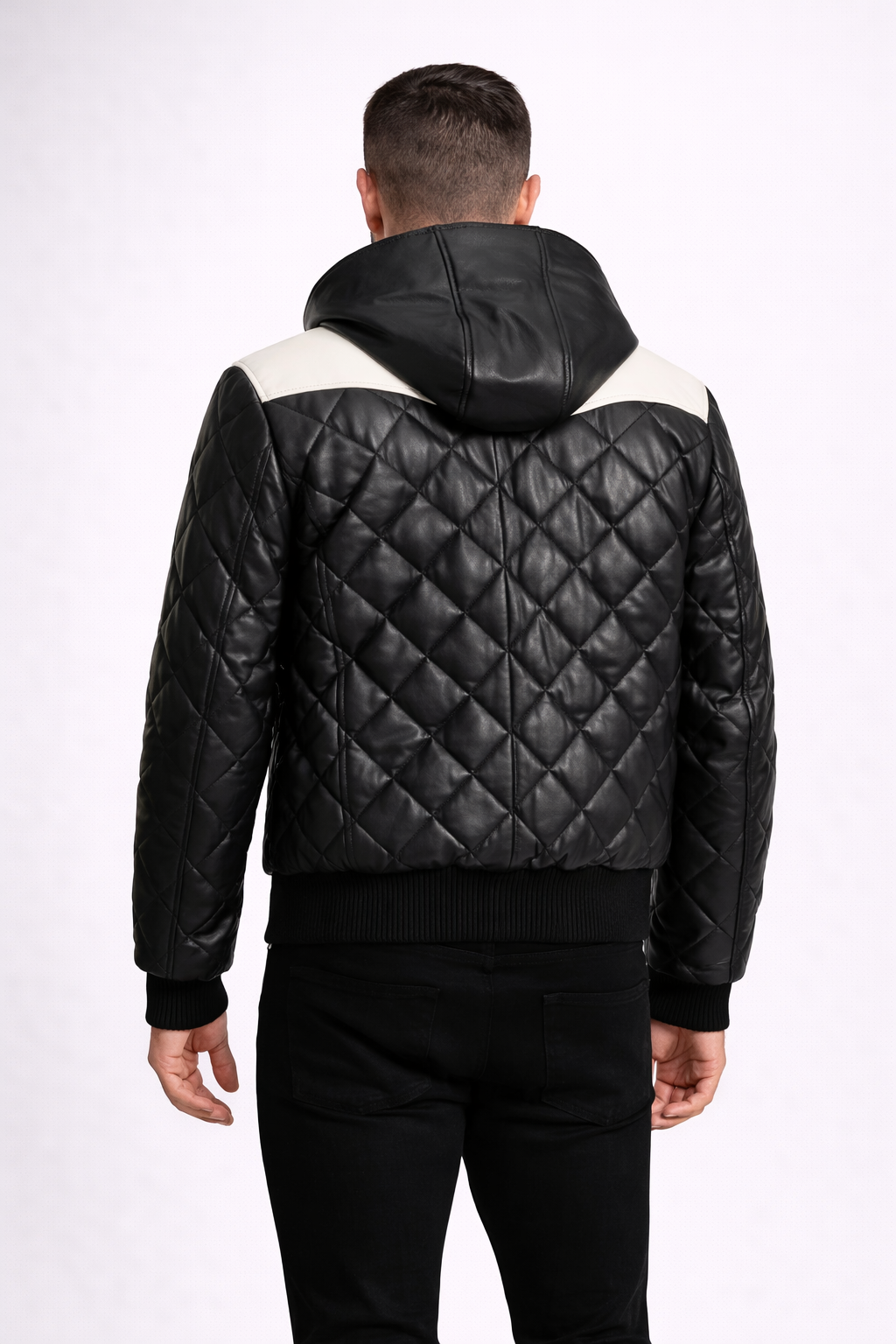Men's Hooded Black White Leather Puffer Jacket - Left