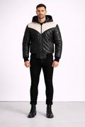 Men's Hooded Black White Leather Puffer Jacket - Front