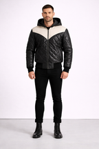 Men's Hooded Black White Leather Puffer Jacket - Front