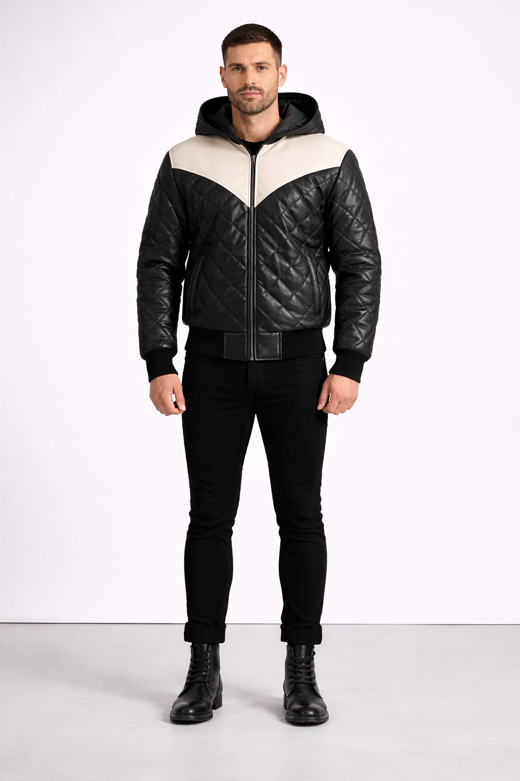 Men's Hooded Black White Leather Puffer Jacket - Front