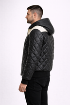 Men's Hooded Black White Leather Puffer Jacket - Back