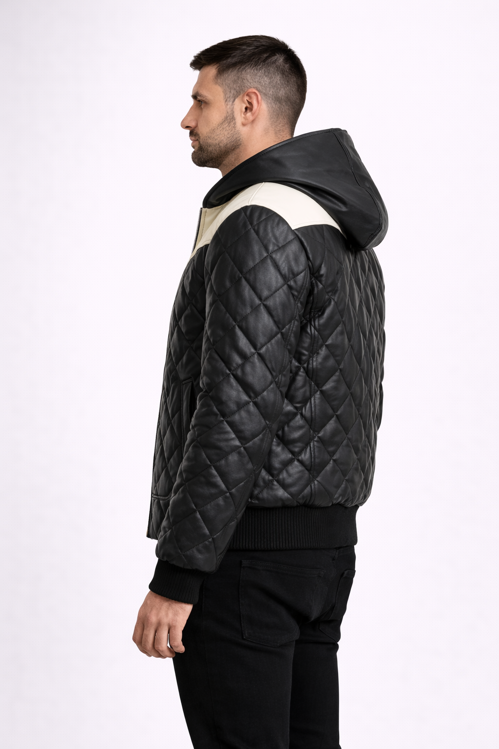 Men's Hooded Black White Leather Puffer Jacket - Back