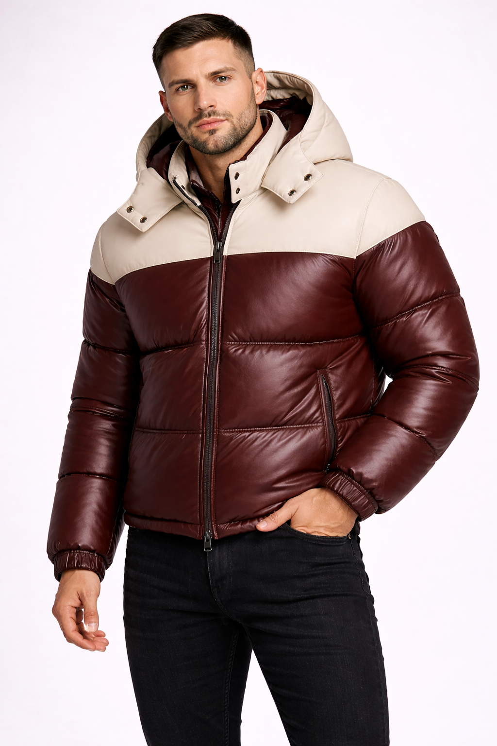 Two Tone Leather Puffer Jacket - Front