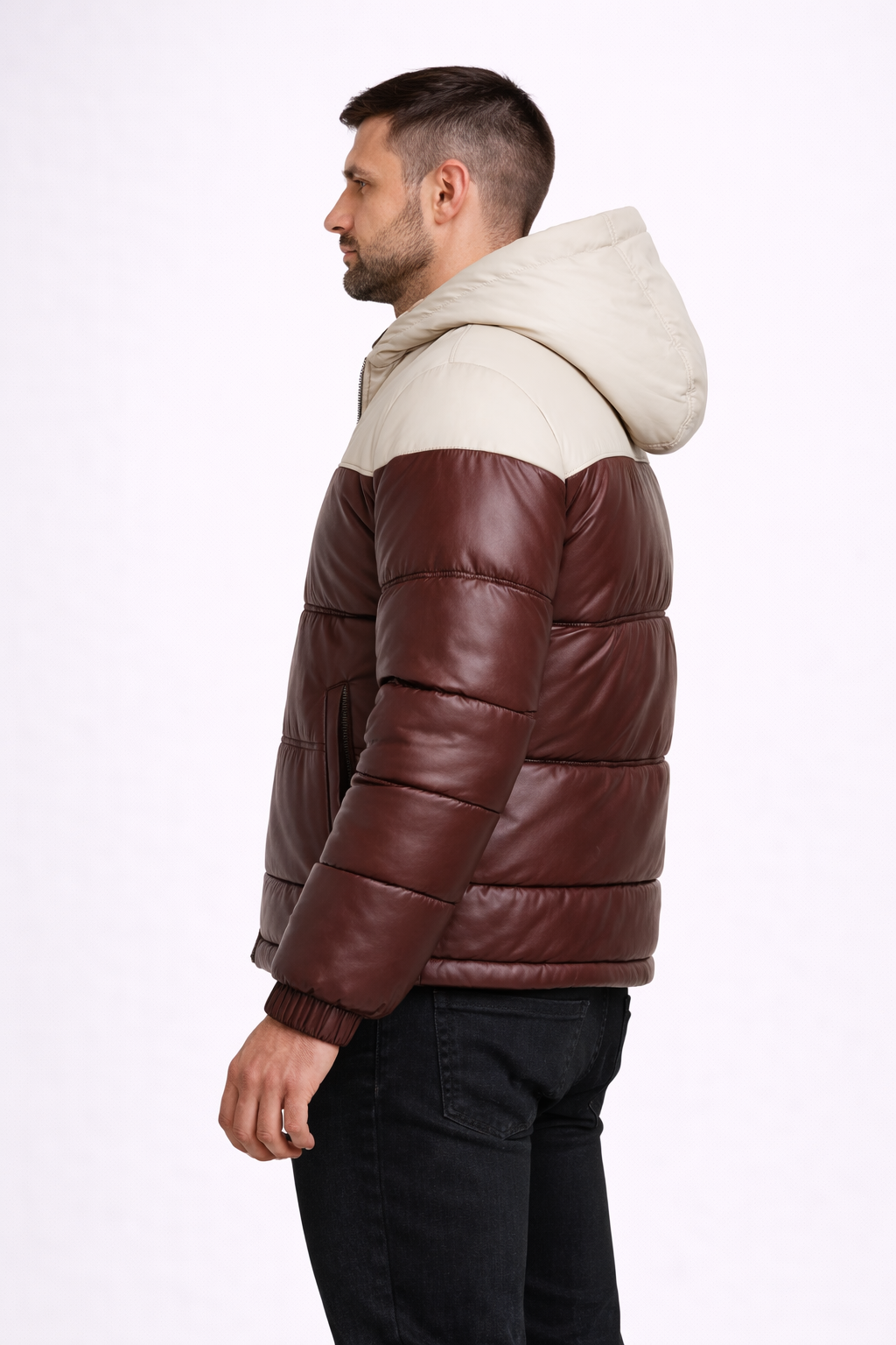 Two Tone Leather Puffer Jacket - Back