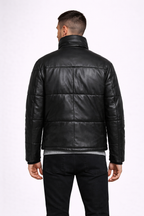Men's Black Leather Puffer Jacket - Back