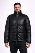 Men's Black Leather Puffer Jacket - Front