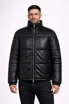 Men's Black Leather Puffer Jacket - Front