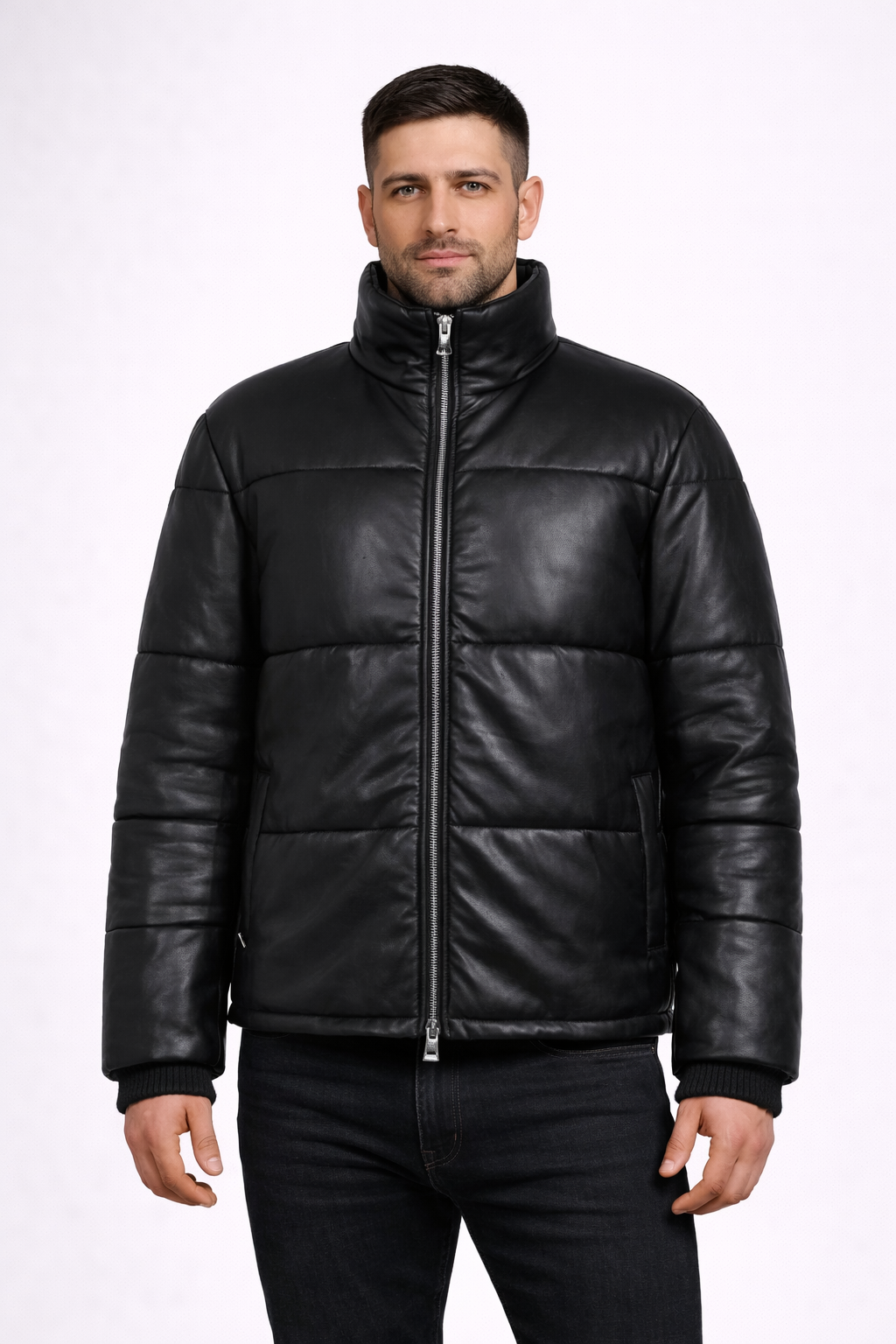 Men's Black Leather Puffer Jacket - Front