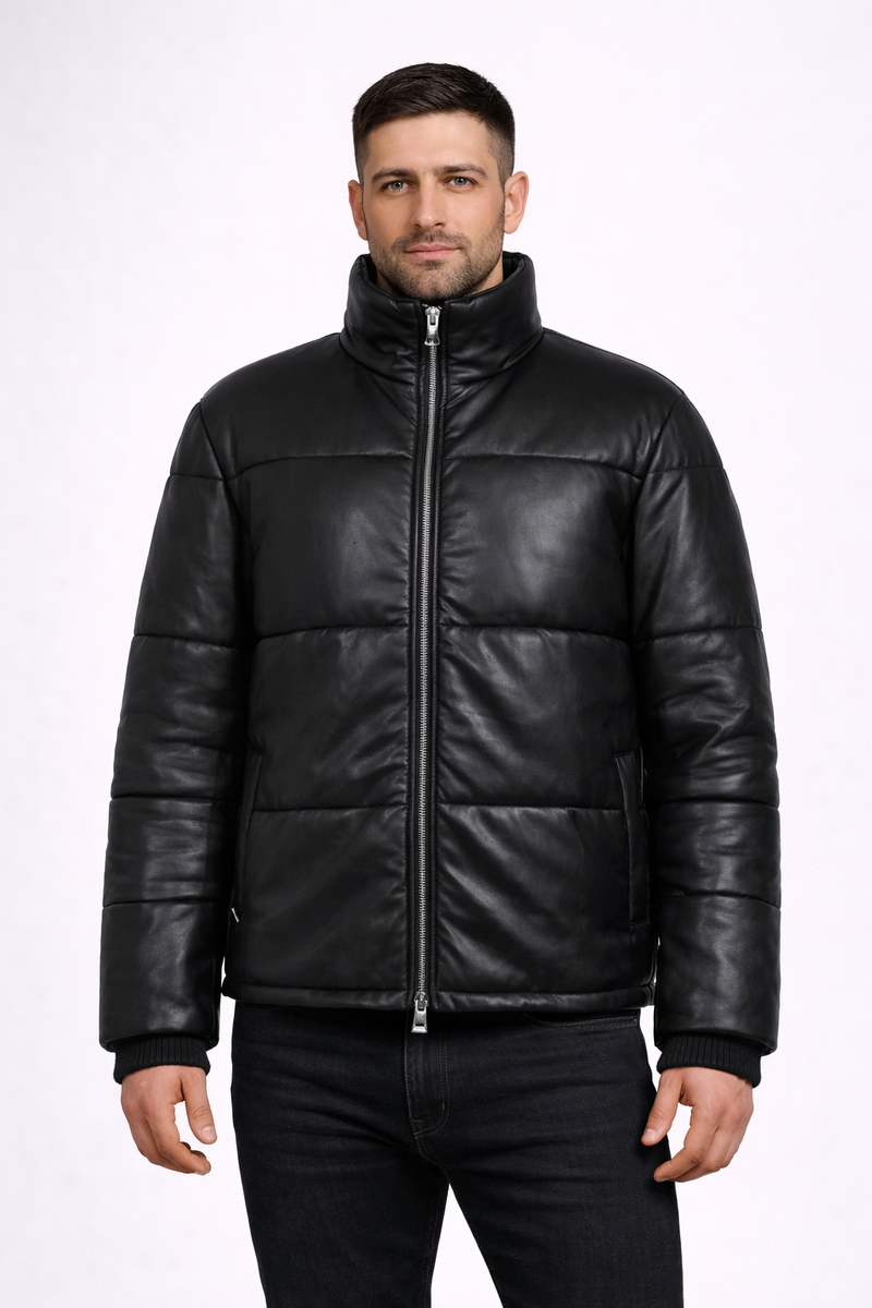 Men's Black Leather Puffer Jacket - Front