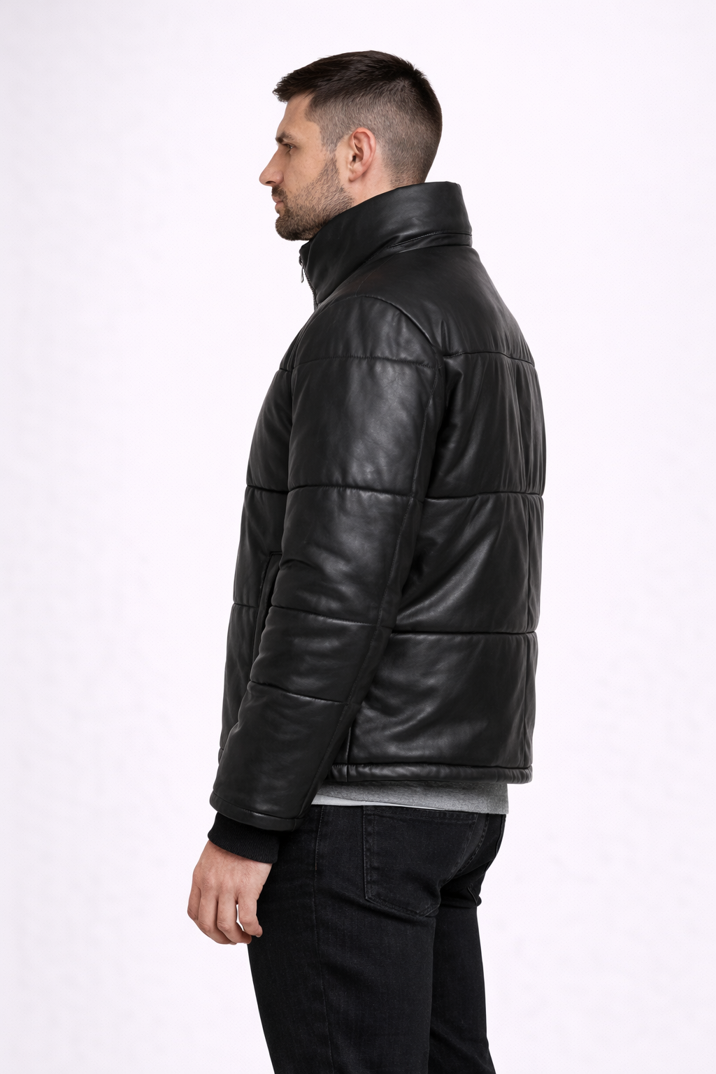Men's Black Leather Puffer Jacket - Left