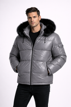 Men's Leather Puffer Jacket - Front