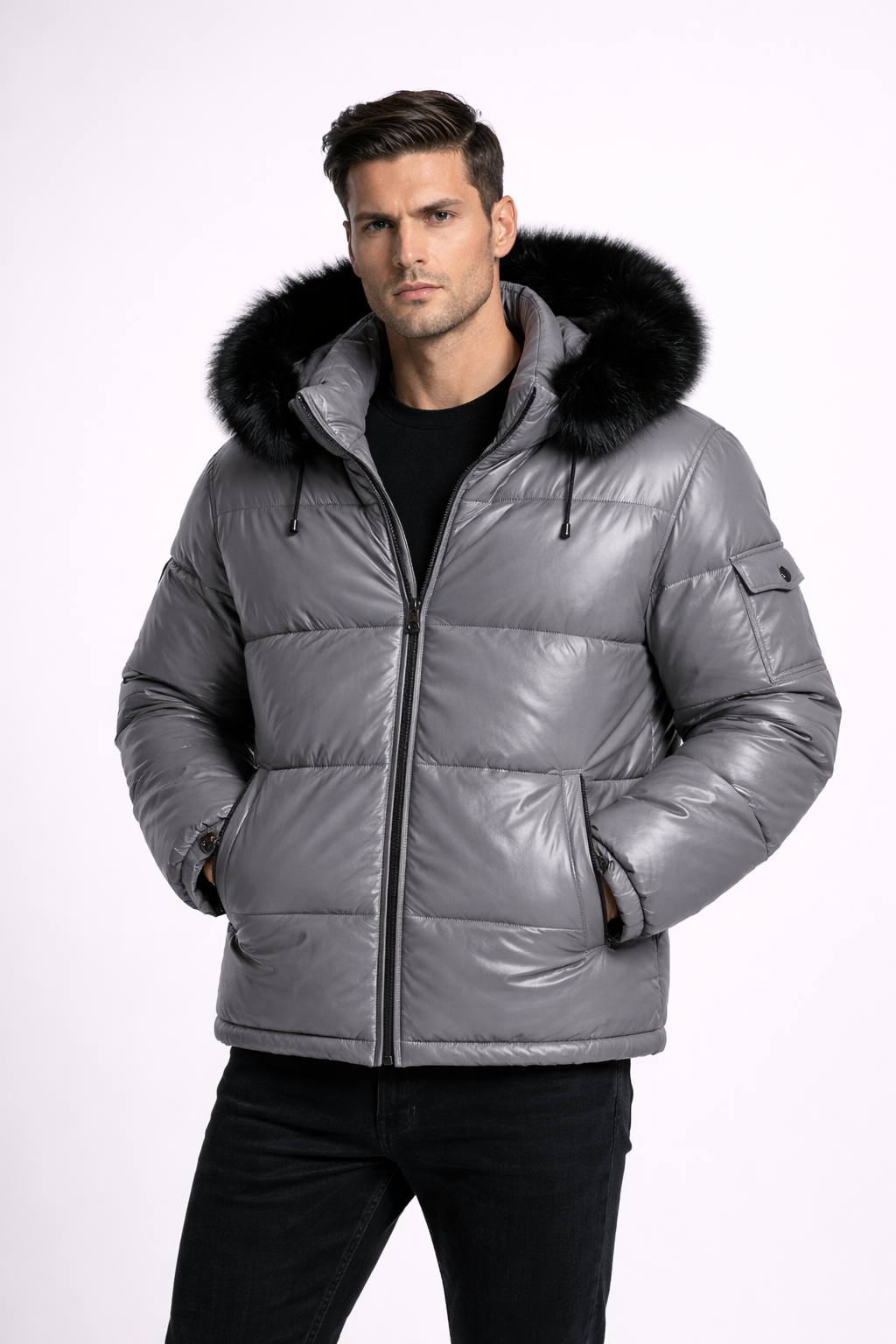 Men's Leather Puffer Jacket - Front