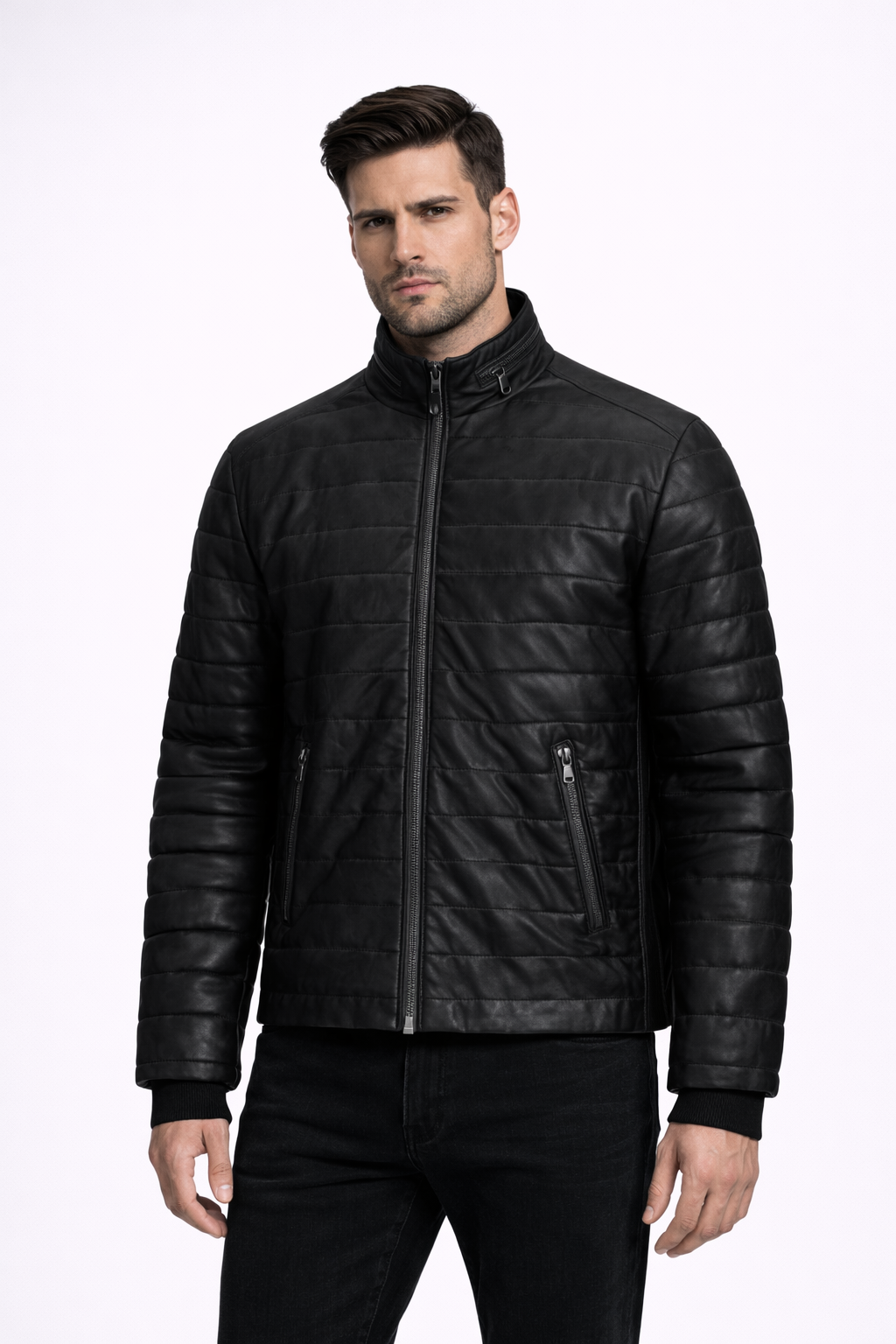 Men's Black Riverside Leather Jacket - Front
