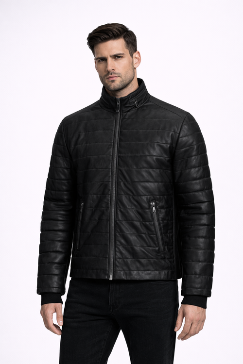 Men's Black Riverside Leather Jacket - Front