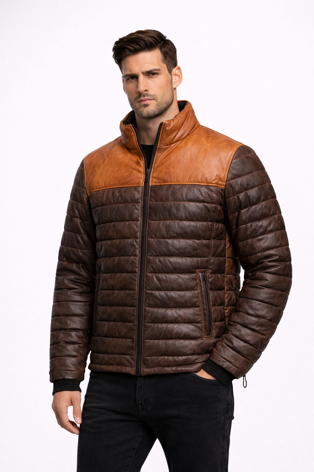Men's Leather Puffer Jackets Collection - Front