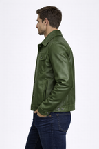 Men's Olive Green Leather Trucker Jacket - Back