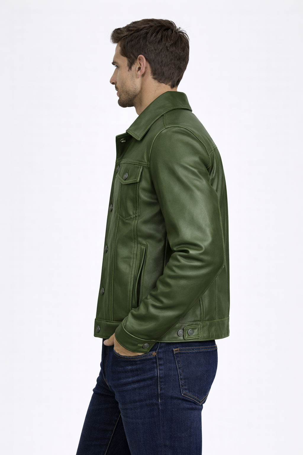 Men's Olive Green Leather Trucker Jacket - Back