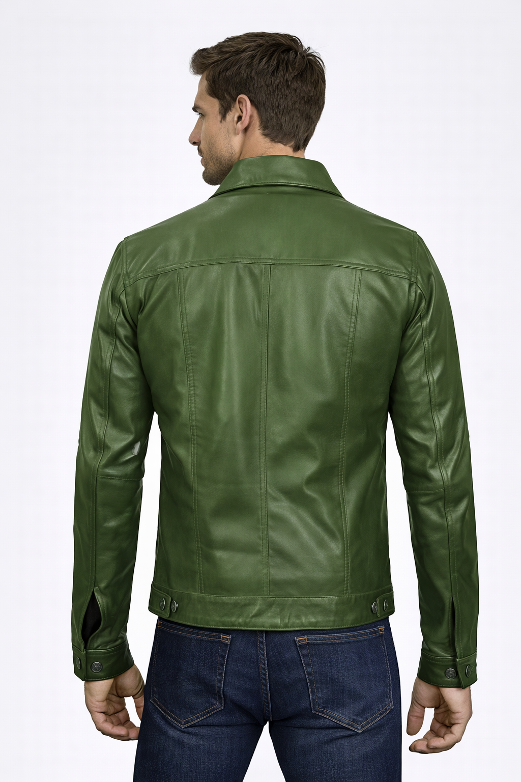 Men's Olive Green Leather Trucker Jacket - Left