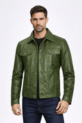 Men's Olive Green Leather Trucker Jacket - Front